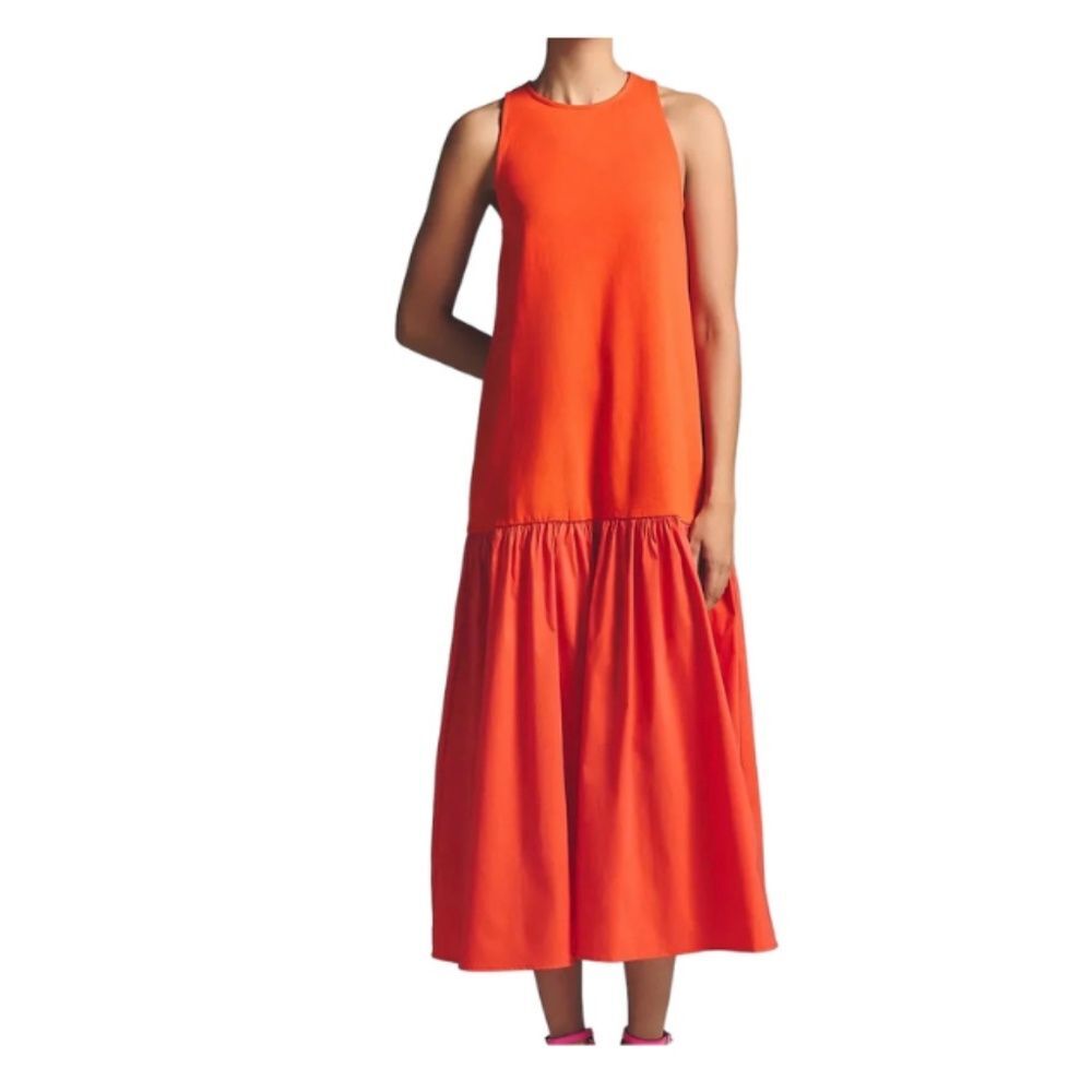 Maeve Anthropologie Red Cotton Sleeveless Drop Waist Flounce Maxi Dress XXS